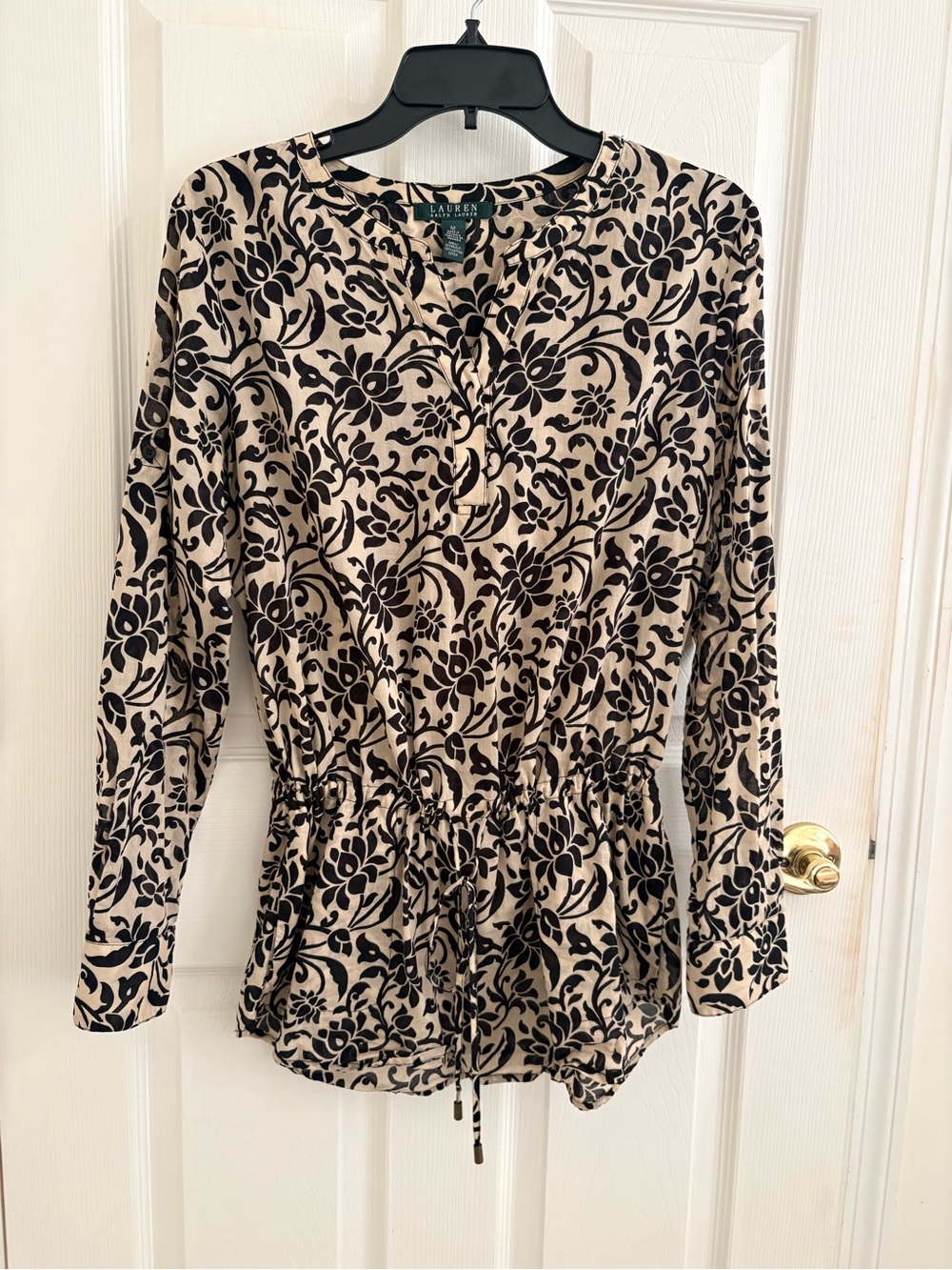 Lauren Ralph Lauren Beige and Black Floral Drawstring Waist Blouse